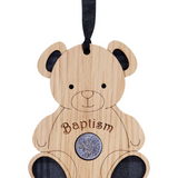 A unique keepsake baptism gift with a Scottish twist.  The sixpence is mounted onto an oak veneered wooden teddy with tartan inserts, mounted on card and packaged in clear cellophane packets.