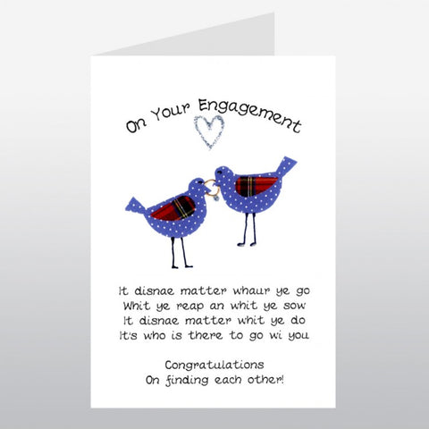 ***Price Includes Delivery ***  Scottish Engagement Card with Congratulations.  Featuring two spotty love birds and a poem with some Scottish Banter.  Blank inside  Designed and printed in Scotland  Textured White Card  Dimensions: 10.5cm x 15cm  We can send direct to recipient free of charge including a handwritten message inside .... simply add a note to your order (from cart page) including your message.  