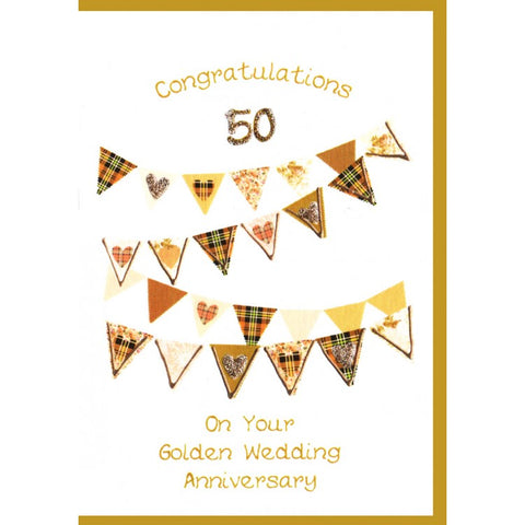  ***Price Includes Delivery ***  Scottish Gold Anniversary Card with tartan bunting and the words:  Congratulations 50  On Your Golden Wedding Anniversary   Designed and printed in Scotland  Textured White Card  Dimensions: 15cm x 10.5cm  We can send direct to recipient free of charge including a handwritten message inside .... simply add a note to your order (from cart page) including your message.  
