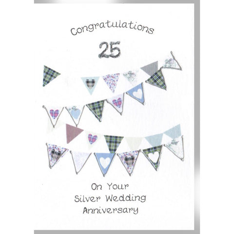 ***Price Includes Delivery ***  Scottish Silver Anniversary Card with tartan bunting and the words:  Congratulations 25  On Your Silver Wedding Anniversary   Designed and printed in Scotland  Textured White Card  Dimensions: 15cm x 10.5cm  We can send direct to recipient free of charge including a handwritten message inside .... simply add a note to your order (from cart page) including your message.  