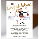 A wedding card with an illustration of a bride and groom sitting together, with the bride wearing a white dress and the groom in a kilt with a tartan bowtie. The card has a 'Congratulations' header and a Scottish poem as a message inside.