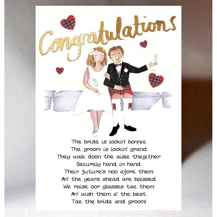 A wedding card with an illustration of a bride and groom sitting together, with the bride wearing a white dress and the groom in a kilt with a tartan bowtie. The card has a 'Congratulations' header and a Scottish poem as a message inside.