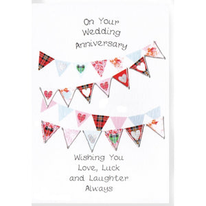 ***Price Includes Delivery ***  Scottish Anniversary Card with Tartan Heart Bunting  Blank inside  Designed and printed in Scotland  Textured white card  Dimensions: 15cm x 10.5cm  We can send direct to recipient free of charge including a handwritten message inside .... simply add a note to your order (from cart page) including your message.  