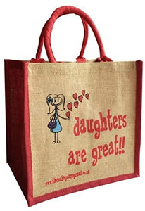 Fun jute shopping bag which features a printed cartoon image of a girl and the text 'Daughters are Great' The bags are lined with a laminate to help make them water resistant and have padded handles for comfortable carrying. 