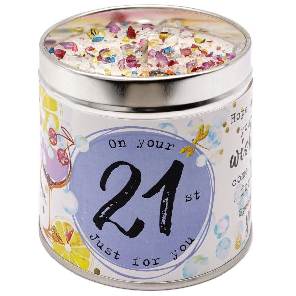 Tin Candle with lid and sparkly topping.  On your 21st just for you