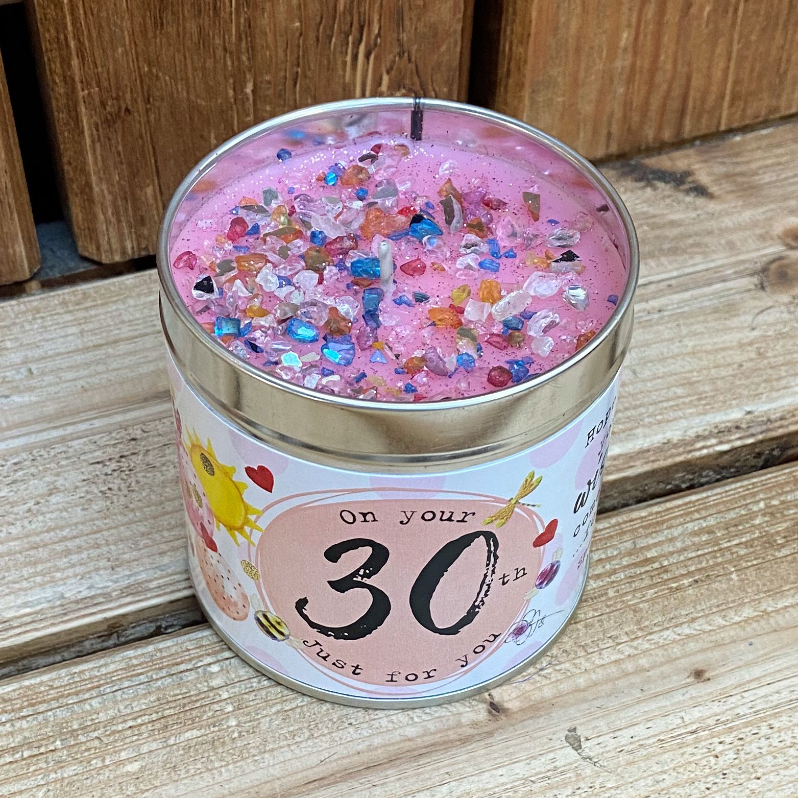 Tin candle with added sparkles and sentiment 30th birthday