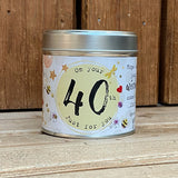 Tin candle with added sparkles and sentiment 40th birthday