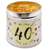 Tin Candle with lid and added sparkles.  Text reads on your 40th birthday