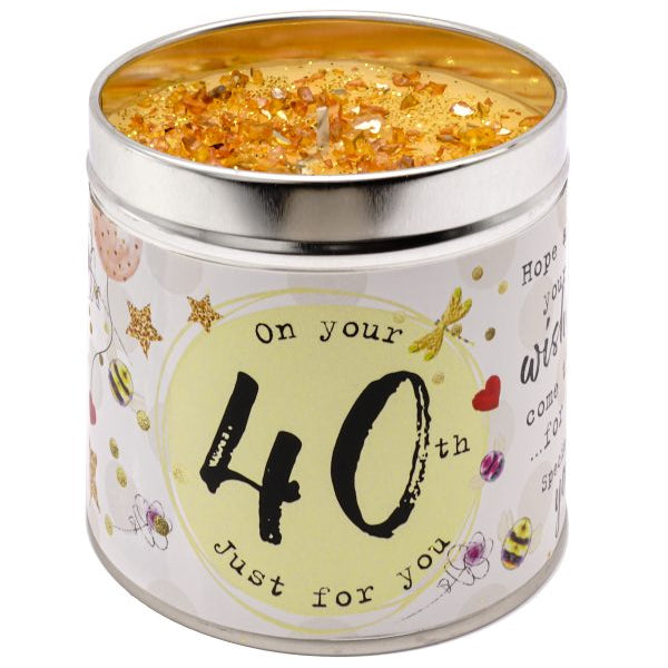 Tin Candle with lid and added sparkles.  Text reads on your 40th birthday