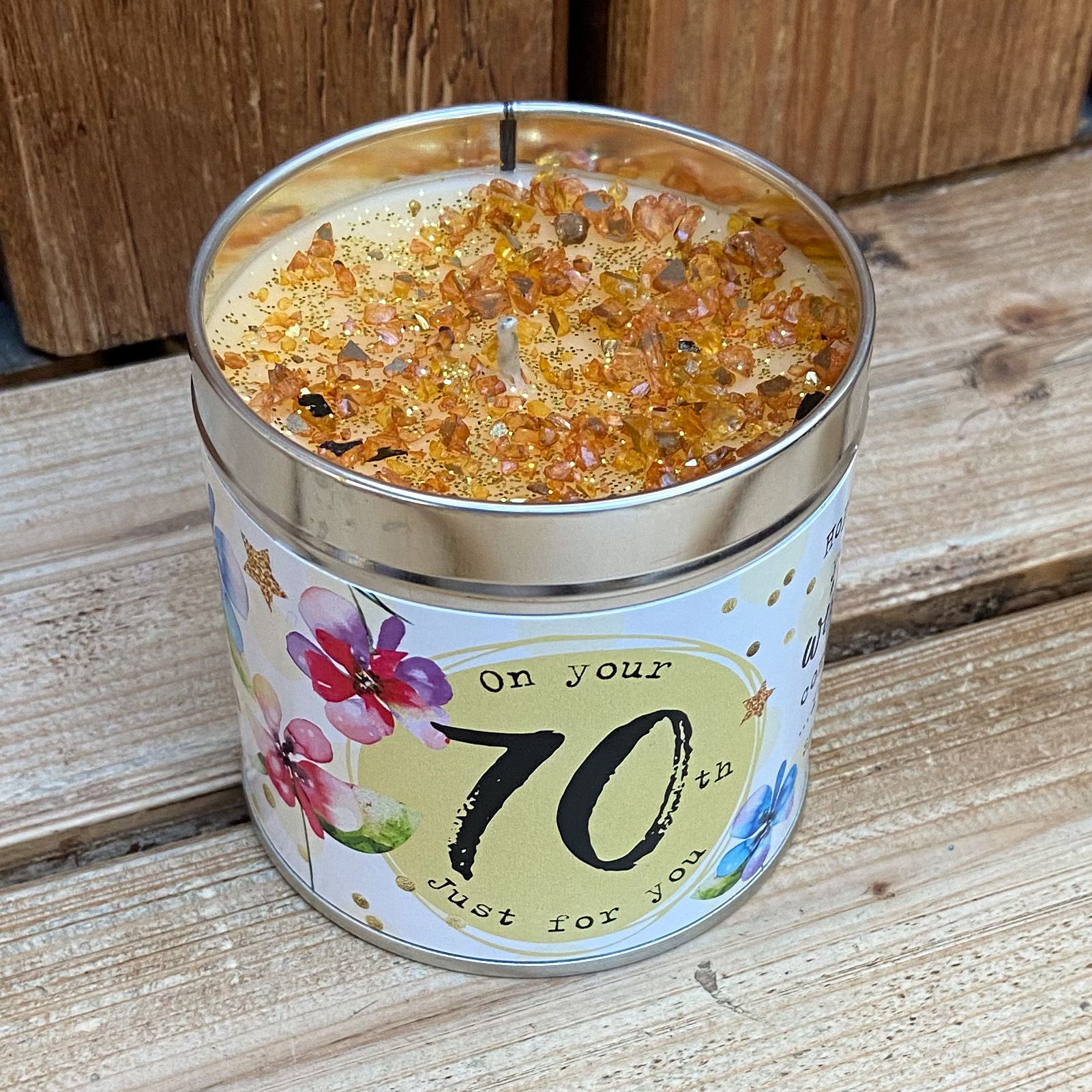 Tin 70th candle with added sparkles