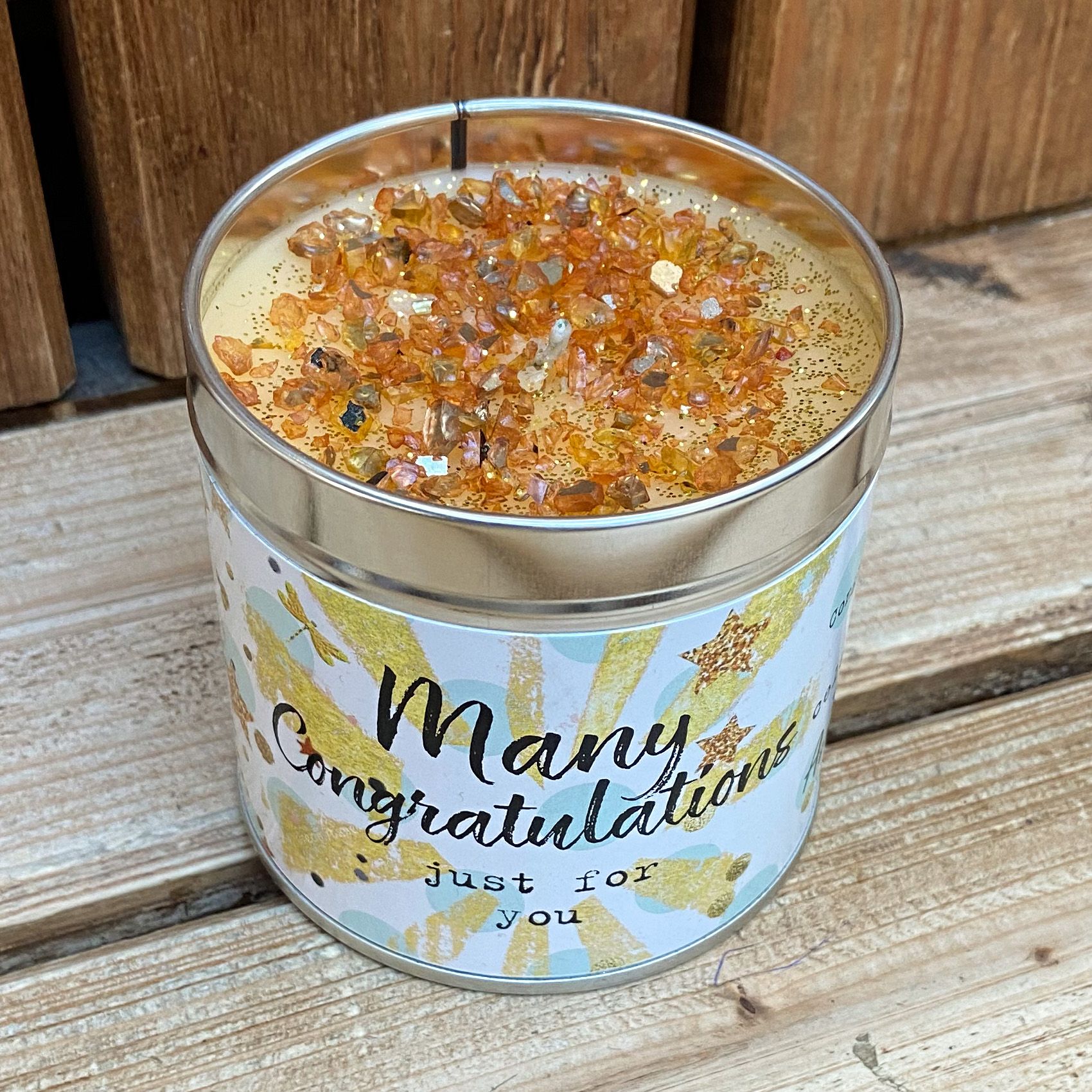 Tin congratulations candle with added sparkles