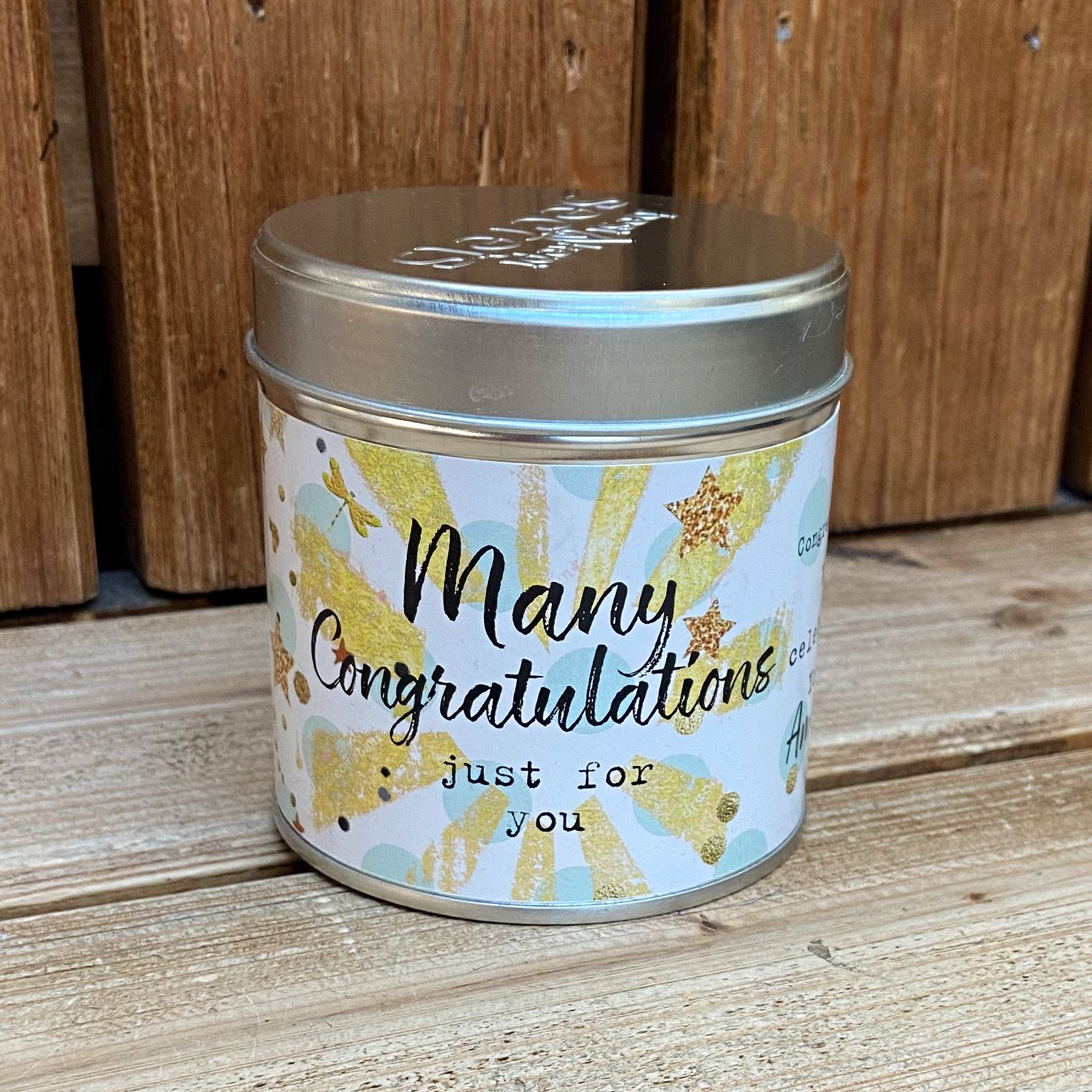 Tin congratulations candle with added sparkles