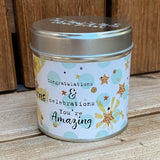 Tin congratulations candle with added sparkles