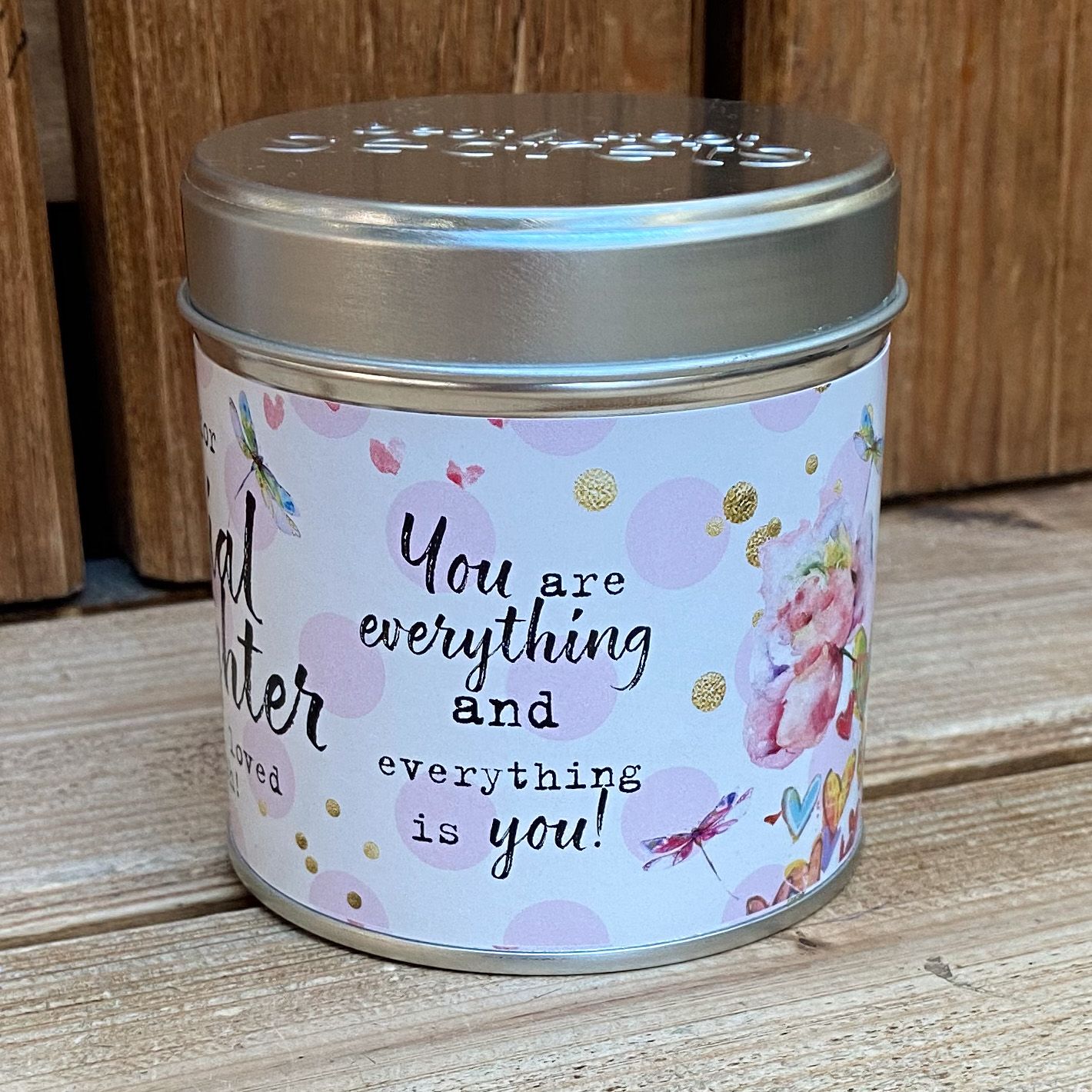Tin candle with added sparkles and sentiment special daughter