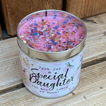 Tin candle with added sparkles and sentiment Special Daughter