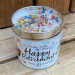 Tin happy retirement candle with a dded sparkles