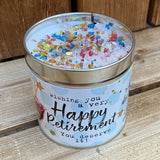 Tin happy retirement candle with a dded sparkles