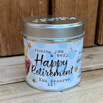 Tin happy retirement candle with added sparkles