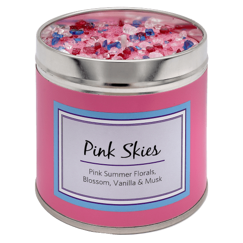 Tin scented pink skies candle with added sparkles