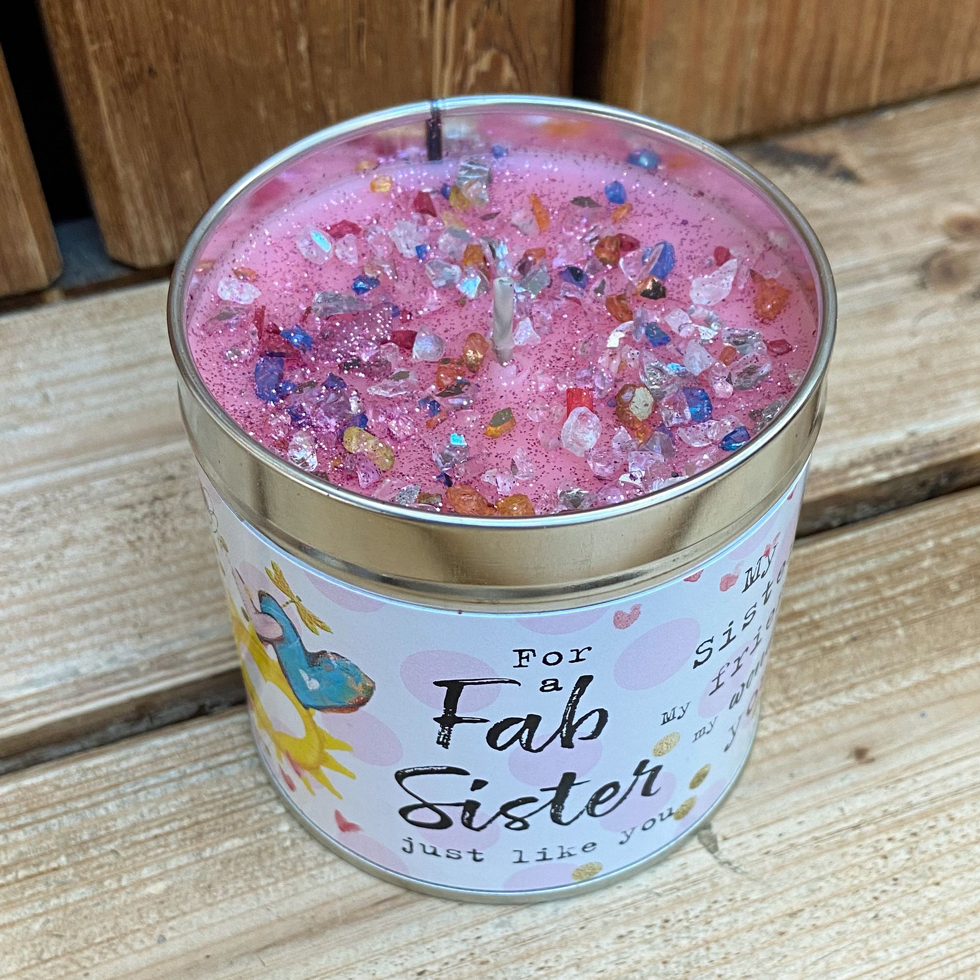 Tin sister candle with added sparkles