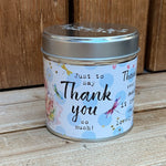 Tin candle with added sparkles and sentiment Thank you