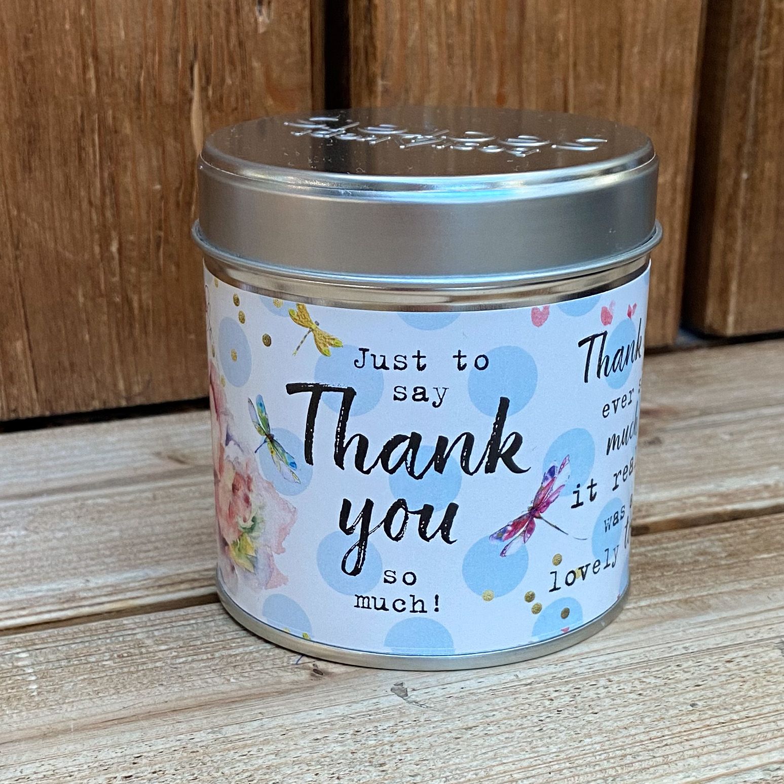 Tin candle with added sparkles and sentiment Thank you