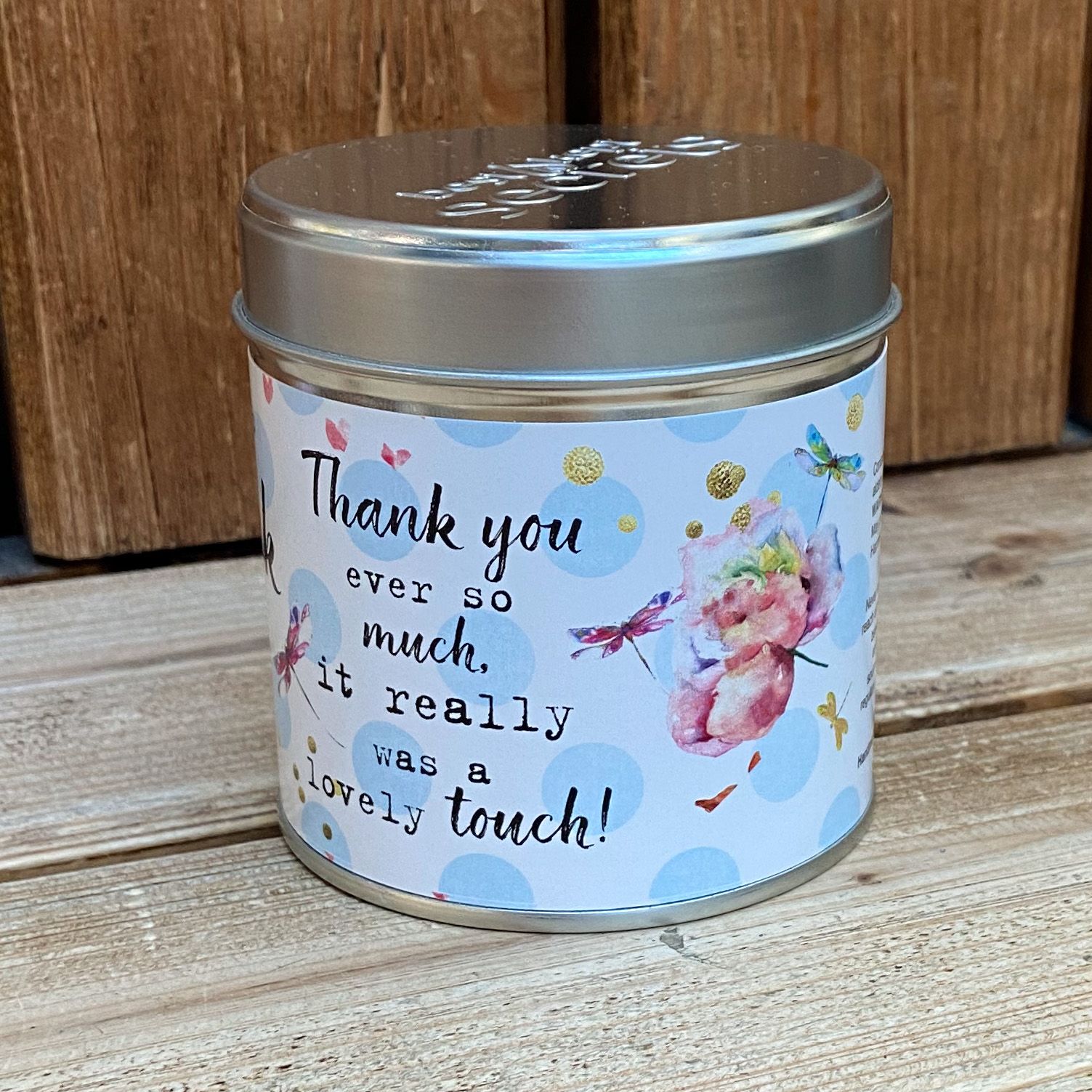 Tin candle with added sparkles and sentiment Thank you
