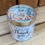 Tin candle with added sparkles and sentiment Thank you