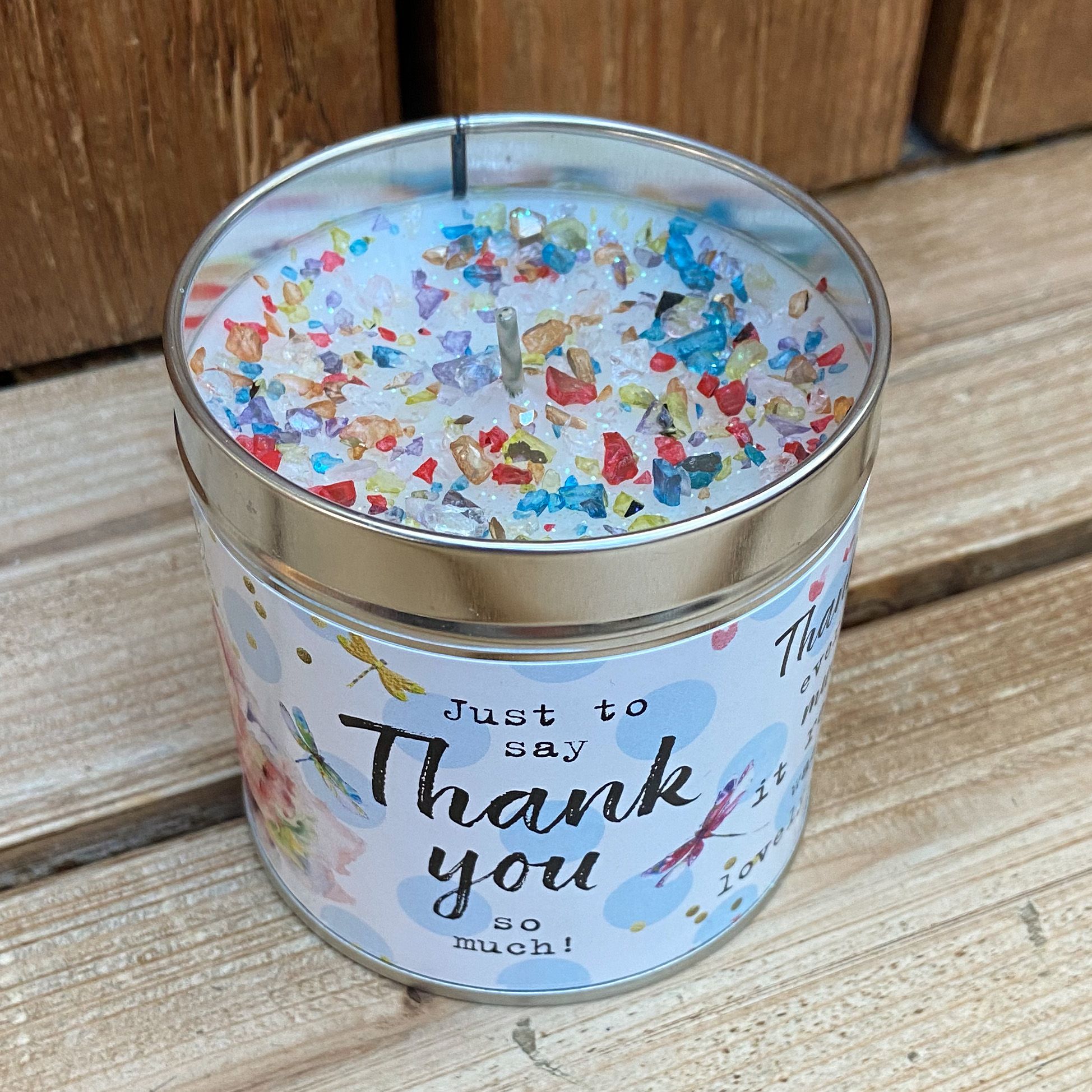 Tin candle with added sparkles and sentiment Thank you