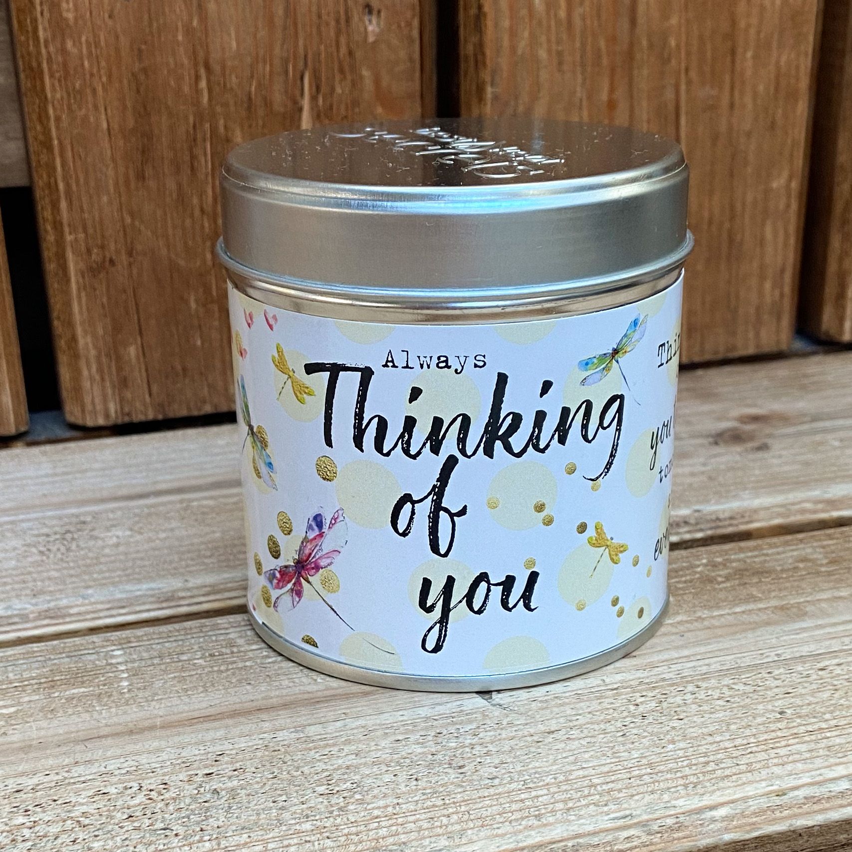 Tin candle with added sparkles and sentiment Thinking of you