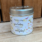Tin candle with added sparkles and sentiment Thinking of you