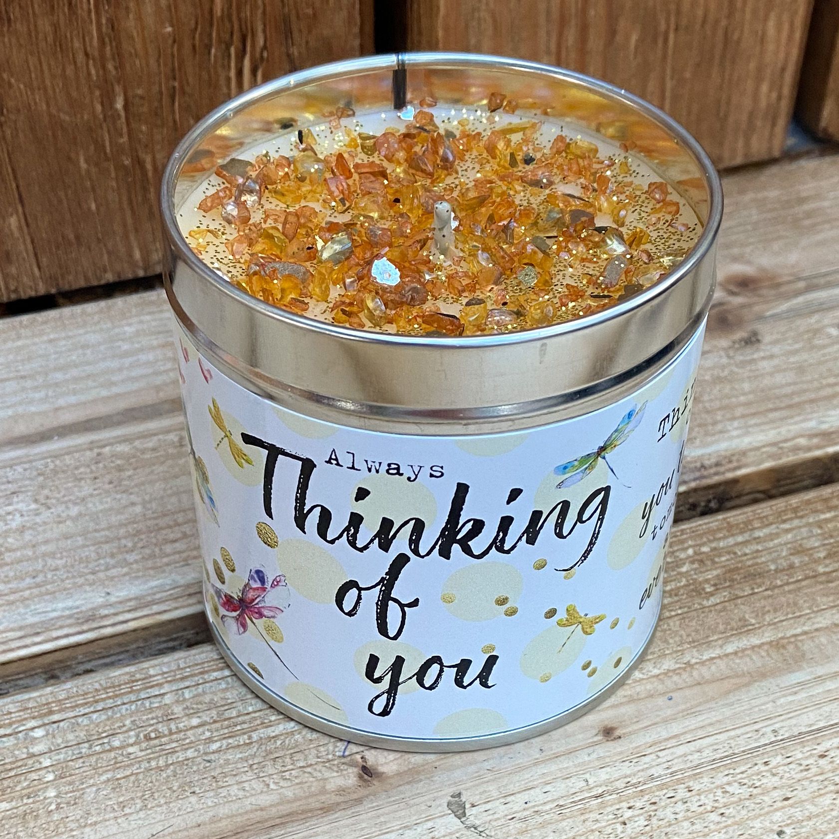 Tin candle with added sparkles and sentiment Thinking of you