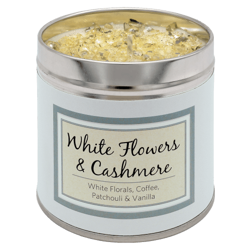 Tin white flowers and cashmere scented candle with sparkles
