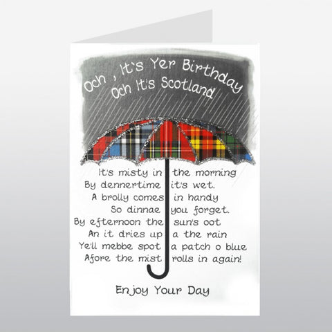 Scottish birthday card with tartan umbrella and Scottish slang poem