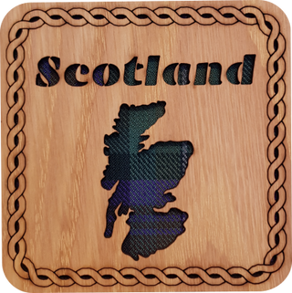 Wooden coaster with tartan insert and cut out map of Scotland.  