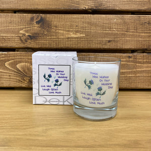 Boxed Special Occasion Jar Candle with sentiment Three Wee Wishes on Your Wedding Day, Live Well, Laugh Often, Love Much