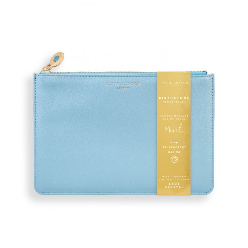 This eye catching Birthstone Perfect Pouch from much loved brand Katie Loxton comes in a striking blue colour with the sentiment  - 'March - kind- trustworthy- caring' engraved inside. Featuring a semi precious aqua crystal birthstone on the zip, this pouch is a gift to treasure.