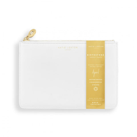 This eye catching Birthstone Perfect Pouch from much loved brand Katie Loxton comes in a soft white colour with the sentiment  - 'April - Adventurous -Courageous - Strong' engraved inside. Featuring a semi precious rock crystal birthstone on the zip, this pouch is a gift to treasure.