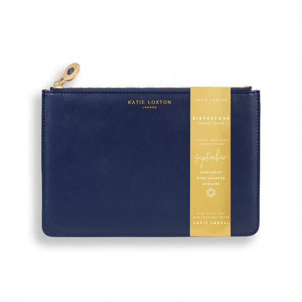 This eye catching Birthstone Perfect Pouch from much loved brand Katie Loxton comes in a striking navy colour with the sentiment  - 'September- Confident - Kind Hearted - Genuine' engraved inside. Featuring a semi precious lapis lazuli stone on the zip, this pouch is a gift to treasure.