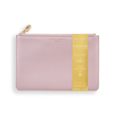 This eye catching Birthstone Perfect Pouch from much loved brand Katie Loxton comes in a dusty pink colour with the sentiment  - 'October - Loving - Affectionate - Kind' engraved inside. Featuring a semi precious tourmaline stone on the zip, this pouch is a gift to treasure.