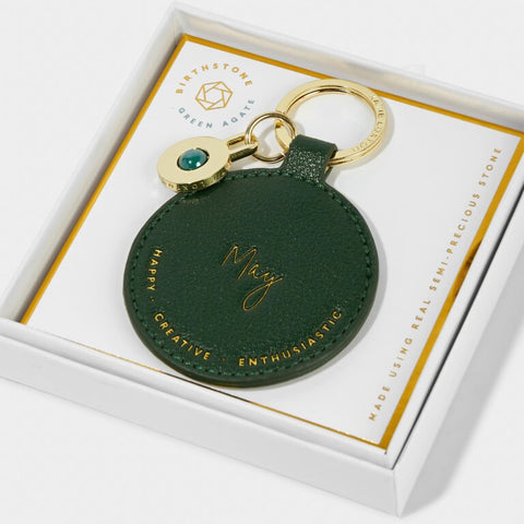 This beautiful keyring from much loved brand Katie Loxton with pretty Agate crystal gemstone, comes in a luxe dark green colour which features the golden embossed month 'May' and three traits that perfectly reflect those born in this month- happy, creative and enthusiastic!