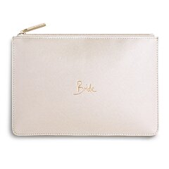 This eye catching Perfect Pouch from the much loved brand Katie Loxton comes in a stunning pearlescent colour and has a beautiful gold sentiment 'Bride' inscribed on the front.  Features: Zip fastening  Material:  100% PU - Vegan Leather  Main Colour: Pearly White  Dimensions - 24cm x 16cm