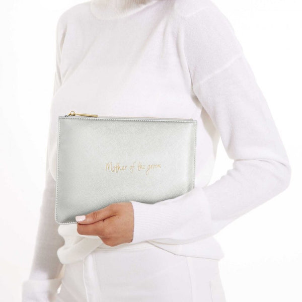 This eye catching Perfect Pouch from much loved brand Katie Loxton comes in a metallic silver colour with the added sentiment in gold, handwritten style 'Mother of the groom'.