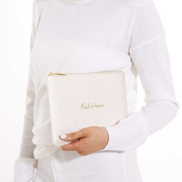 This eye catching Perfect Pouch from much loved brand Katie Loxton comes in a stunning pearlescent colour with the added sentiment in gold, handwritten style 'Maid of honour'.