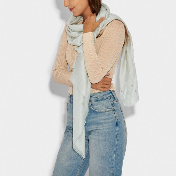 a smiling model in casual clothing wears a scarf in a duck egg blue coloured small heart print design with silver details