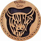 Wooden coaster with tartan insert and cut out text:  'Heilan Coo' ﻿  Made in Scotland