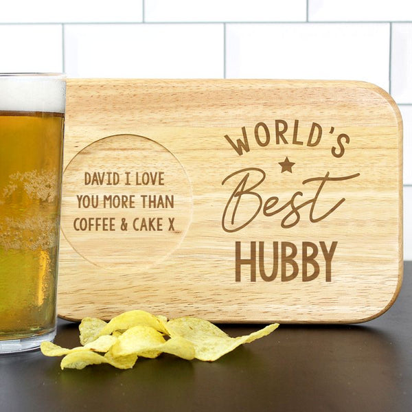 Wooden coaster tray with text World's Best Hubby.  Can be personalised.
