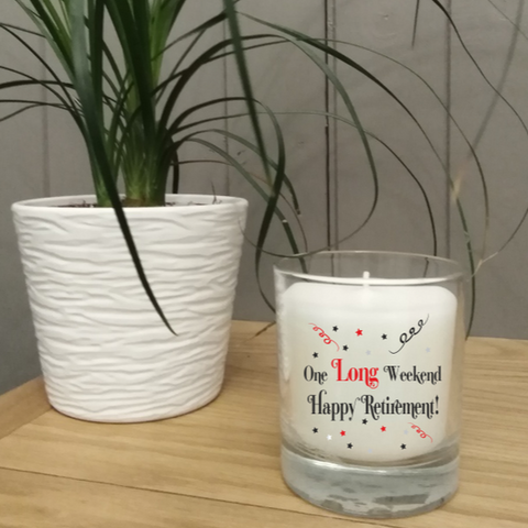 This gorgeous scented jar candle features the words 'One Long Weekend Happy Retirement' It comes in its own gift box and is a perfect gift for that lucky person who is about to retire.